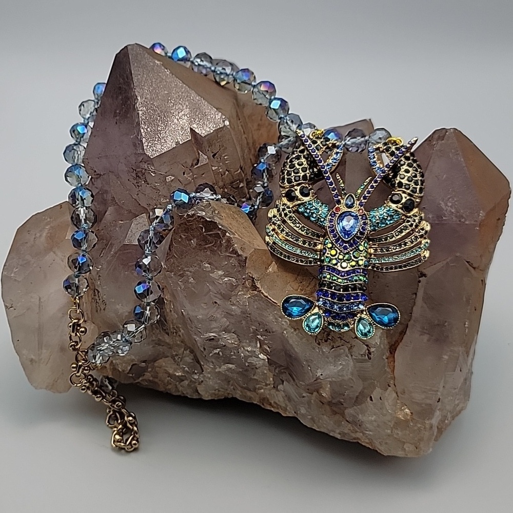 Bohemian Style Blue Lobster Pendant AB Faceted Glass Beaded Necklace Gold Tone